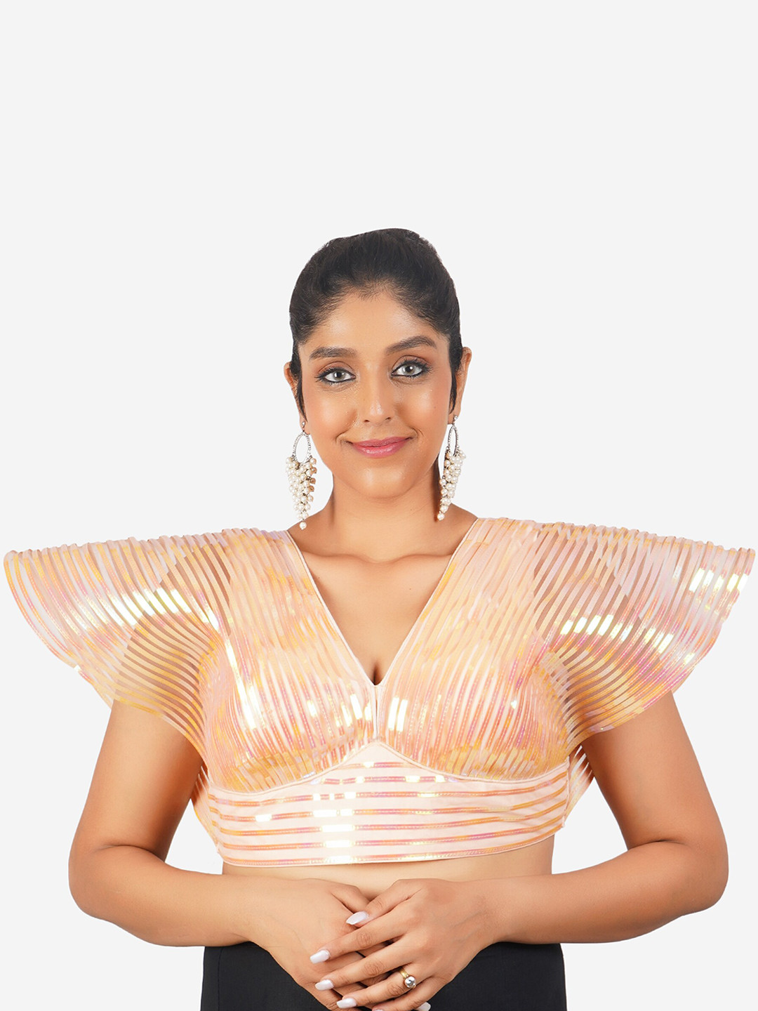 

Trendzmy Striped Flutter Sleeves Flutter Sleeves Silk Saree Blouse, Peach