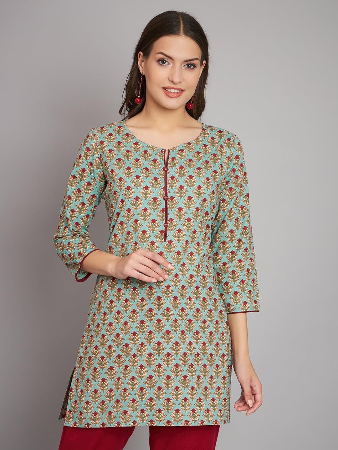 

RANGMAYEE Ethnic Motif Printed Round Neck Pure Cotton Straight Kurti, Sea green