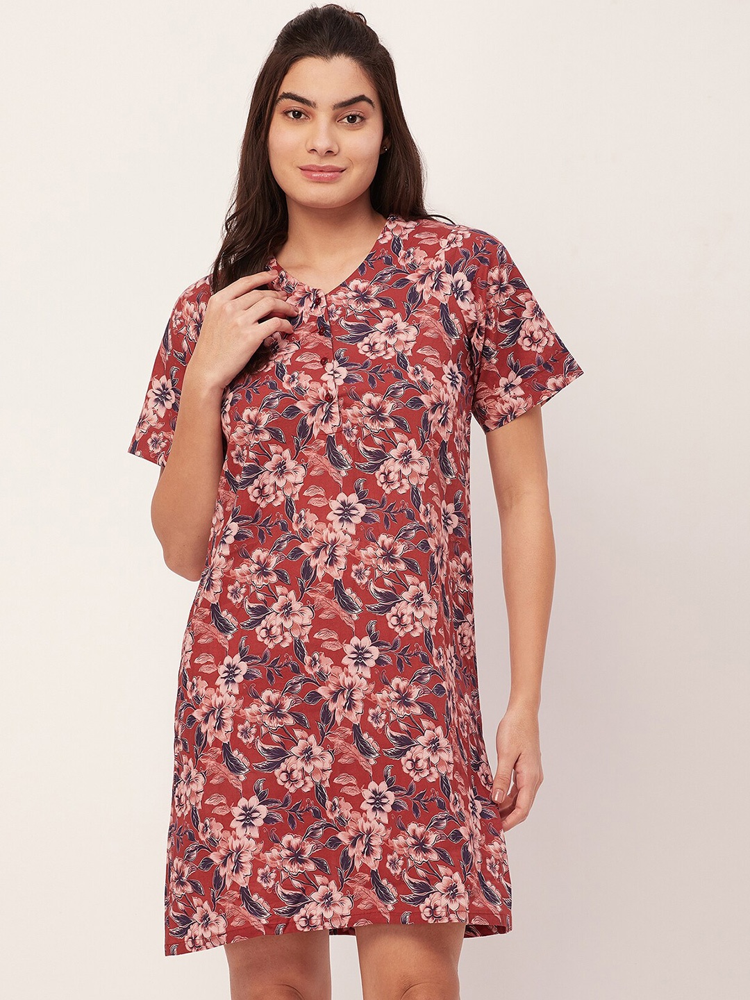 

Moomaya Floral Printed Pure Cotton Nightdress, Brown