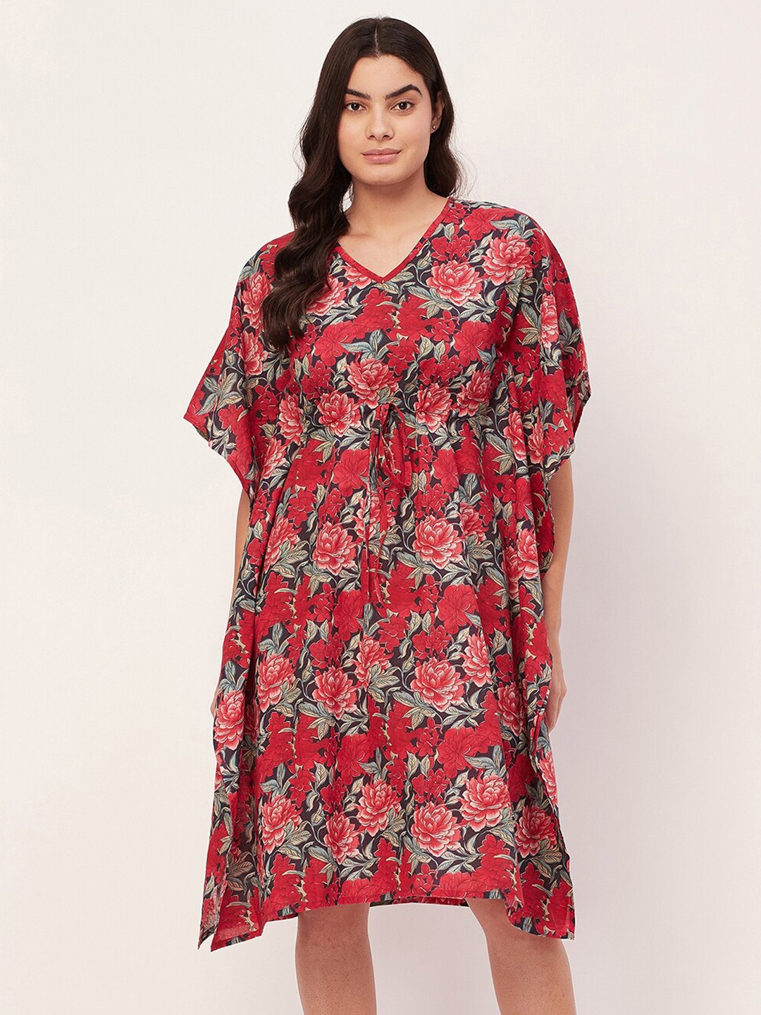 

Moomaya Floral Printed Pure Cotton Kaftan Nightdress, Red