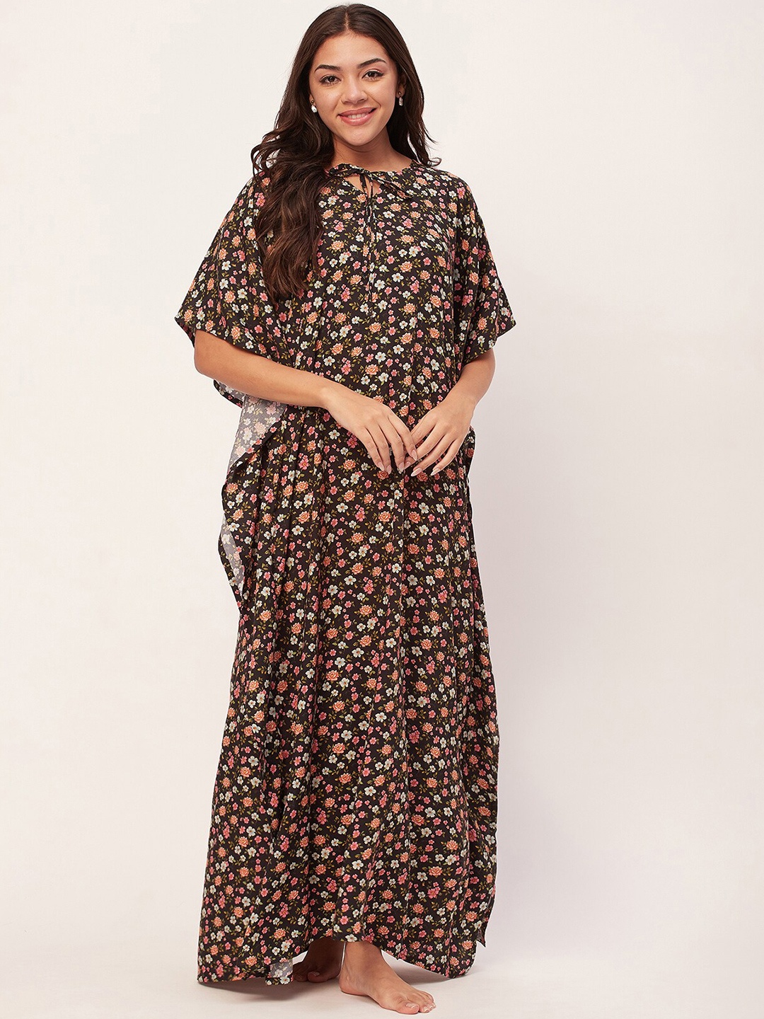 

Moomaya Floral Printed Kaftan Maxi Nightdress, Black