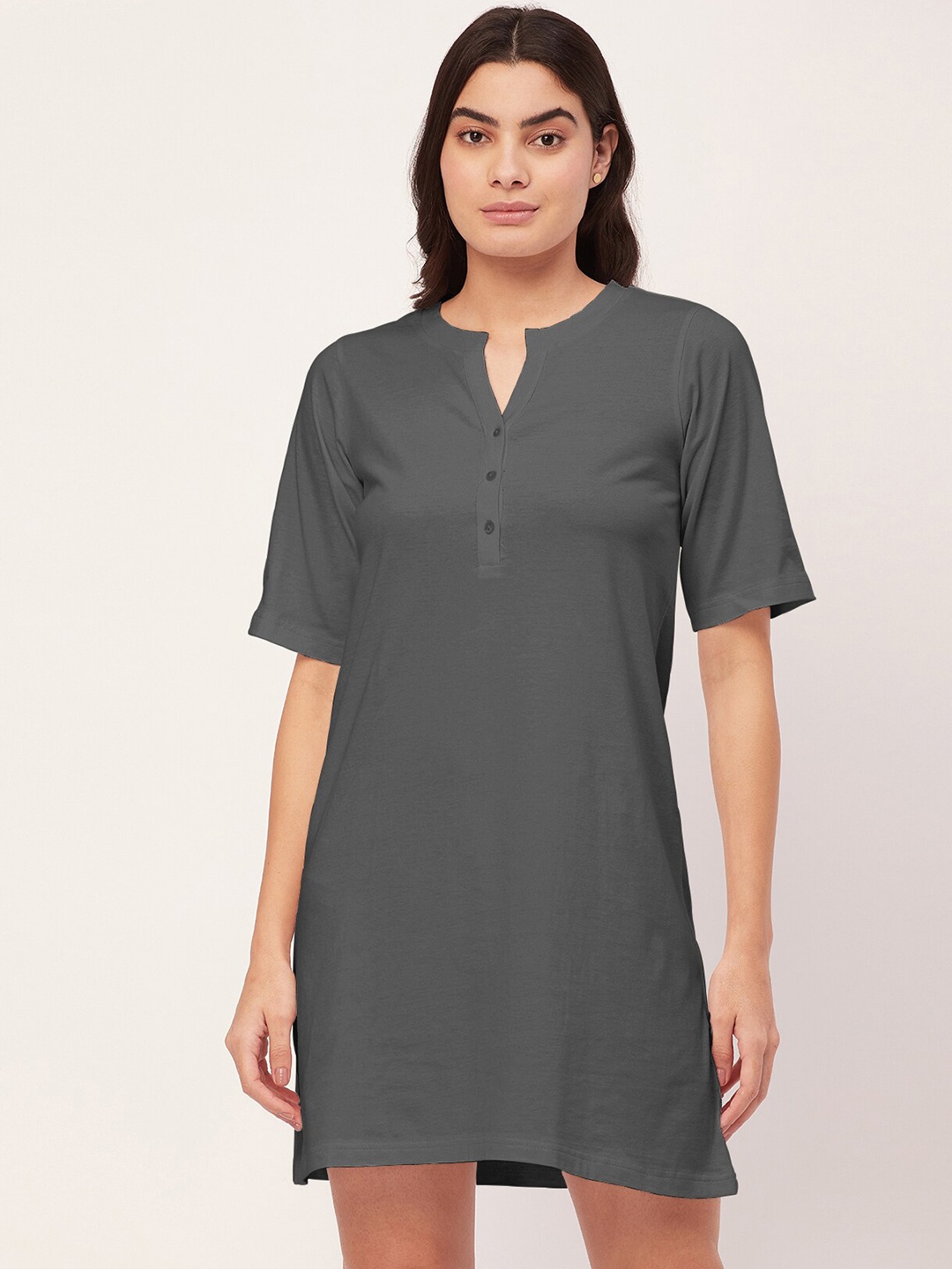 

Moomaya Henley Collar T-Shirt Nightdress, Grey