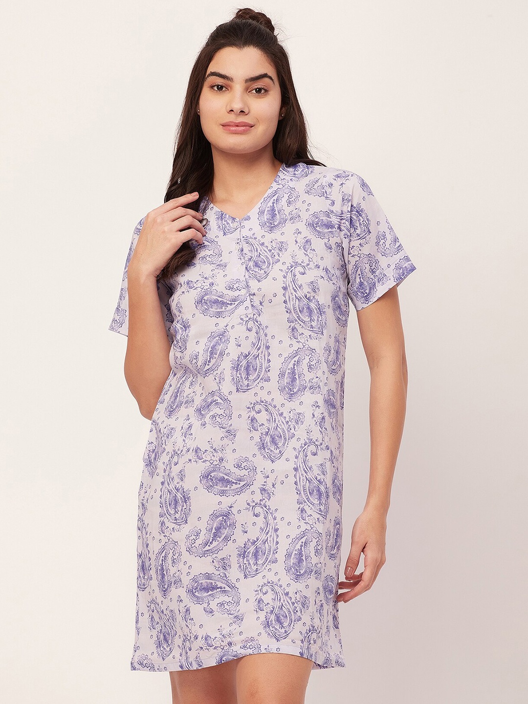 

Moomaya Ethnic Motifs Printed Pure Cotton Nightdress, Off white