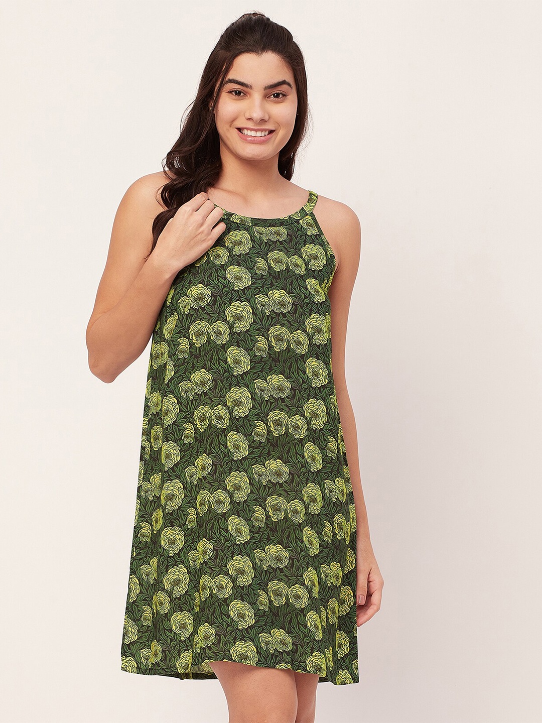 

Moomaya Floral Printed T Shirt Nightdress, Green