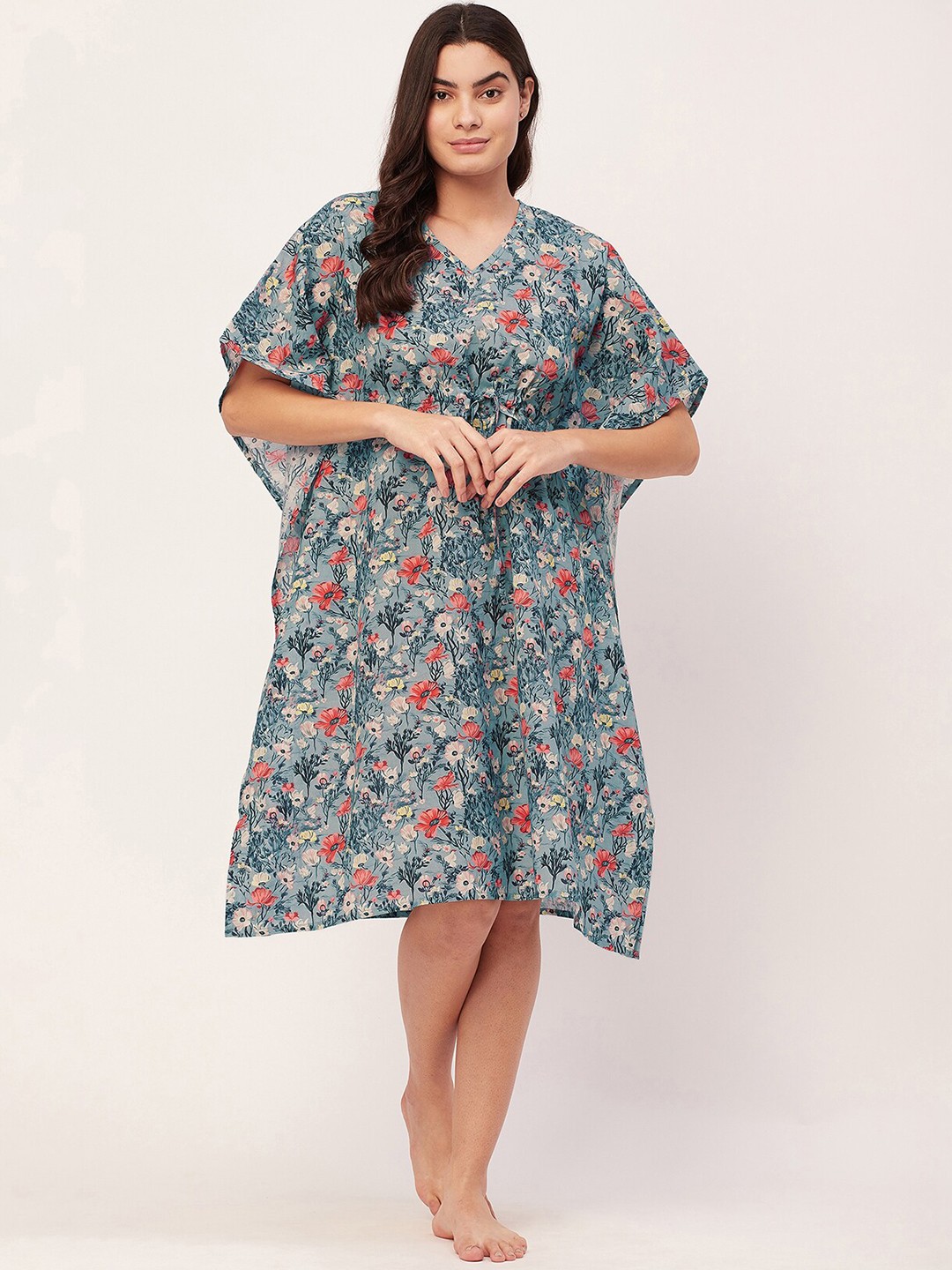 

Moomaya Floral Printed V-Neck Pure Cotton Kaftan Nightdress, Blue
