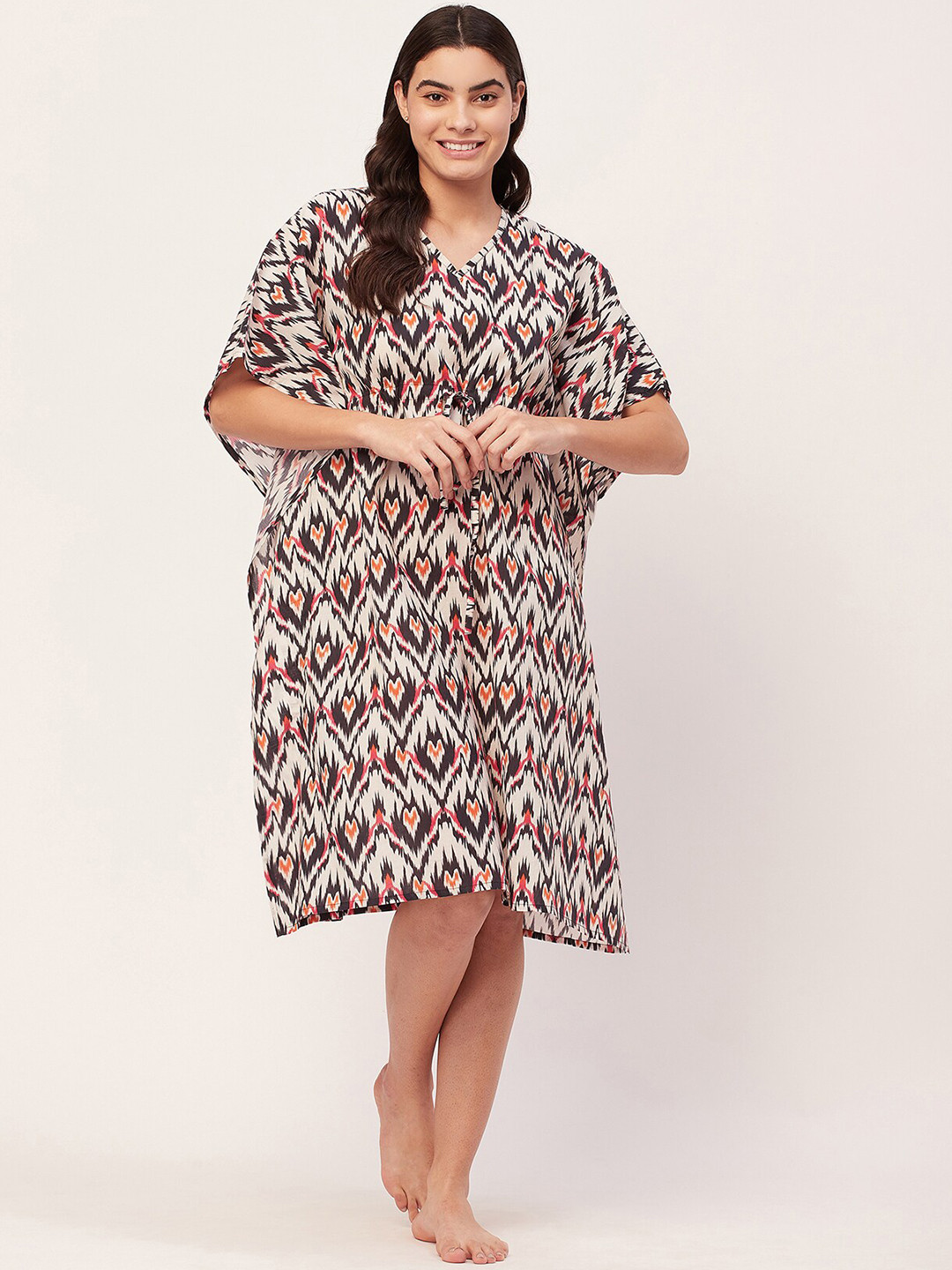 

Moomaya Printed V-Neck Pure Cotton Kaftan Nightdress, White