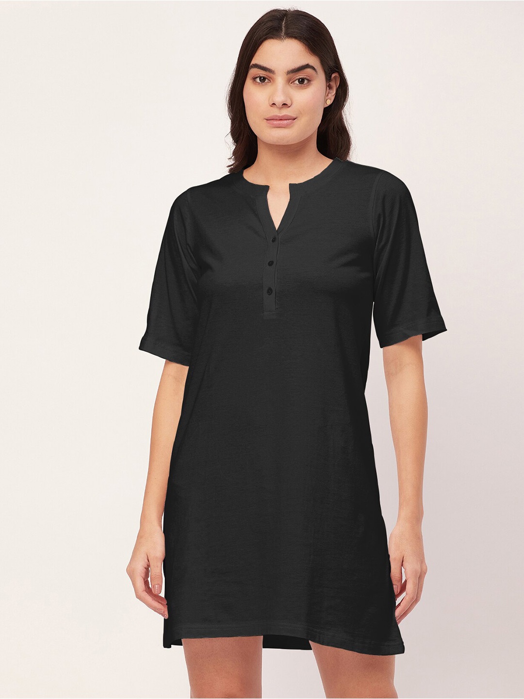 

Moomaya Henley Collar T-Shirt Nightdress, Black