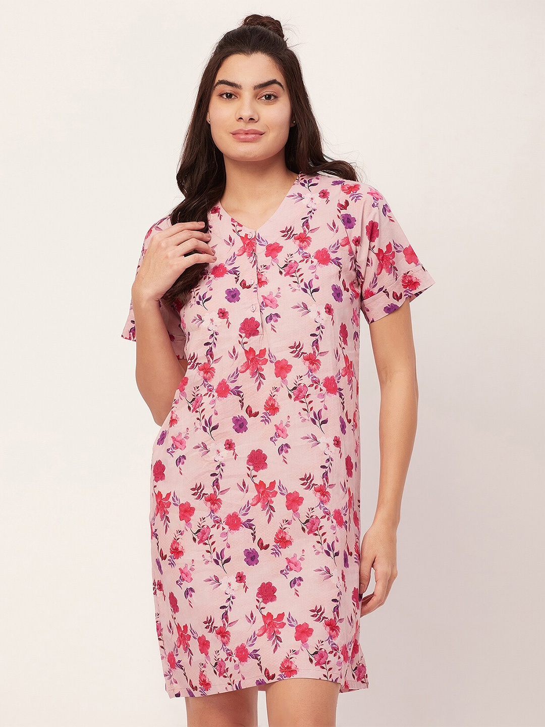 

Moomaya Floral Printed Pure Cotton Nightdress, Pink