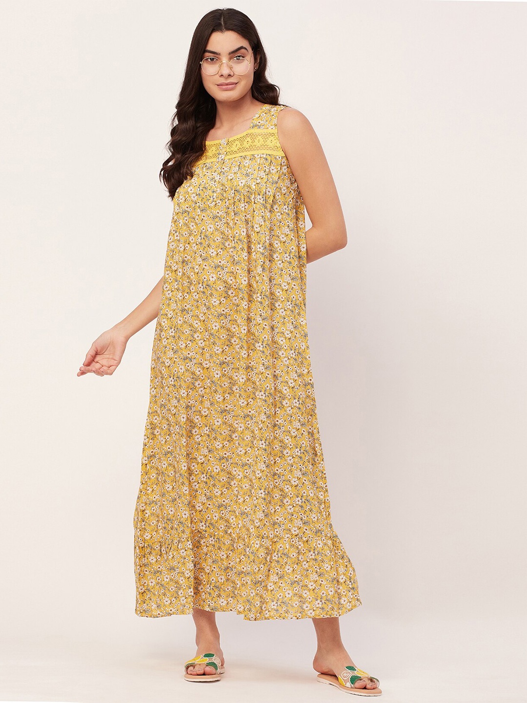 

Moomaya Floral Printed Square Neck Maxi Nightdress, Yellow