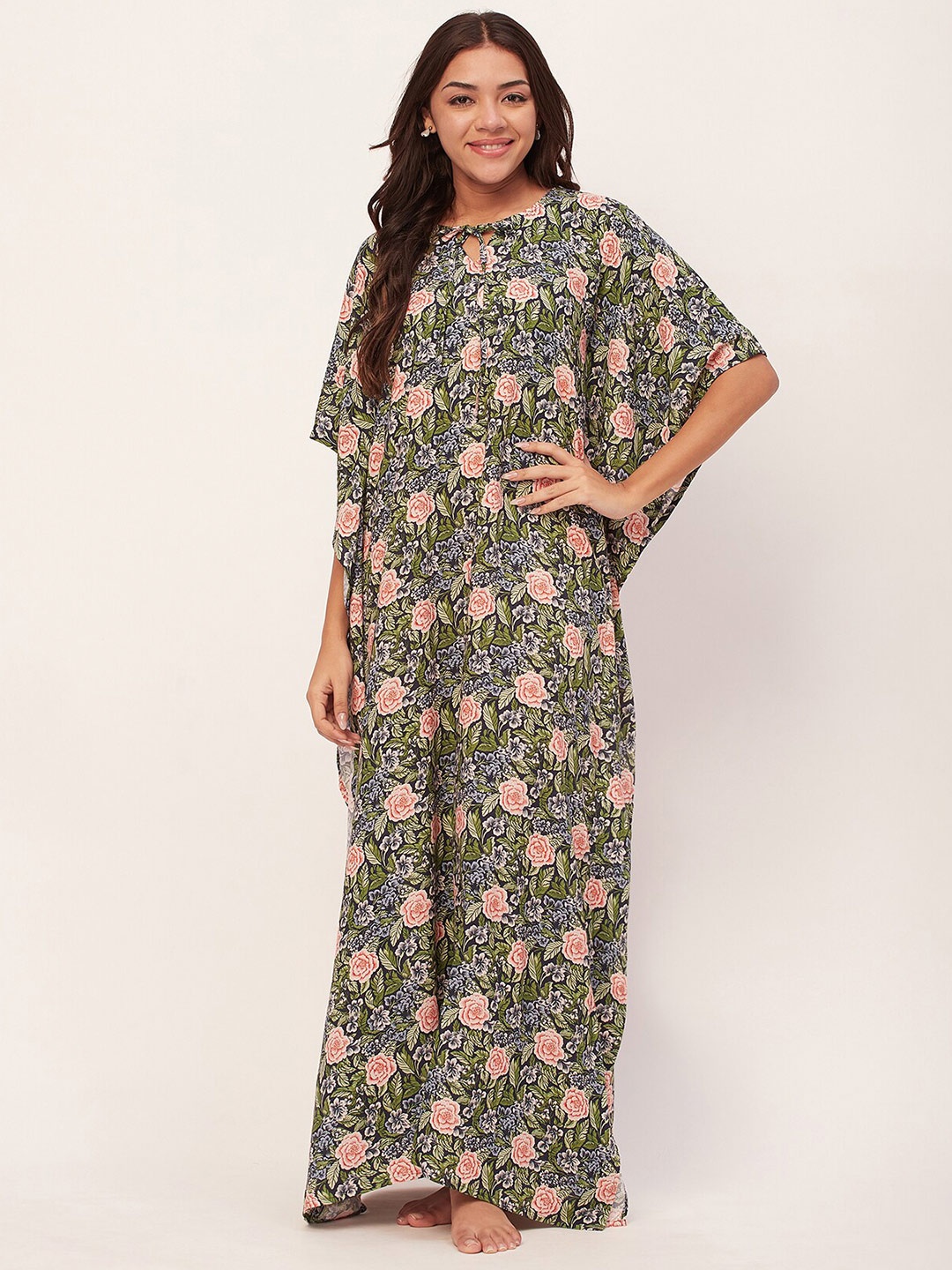 

Moomaya Floral Printed Maxi Kaftan Nightdress, Blue