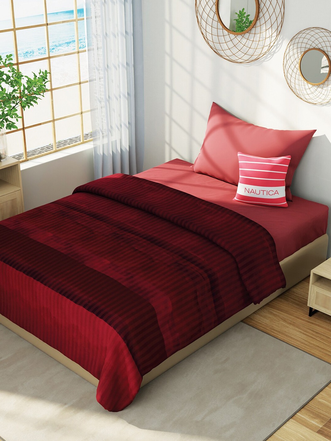 

Nautica Maroon Striped Cotton AC Room 150 GSM Single Bed Dohar