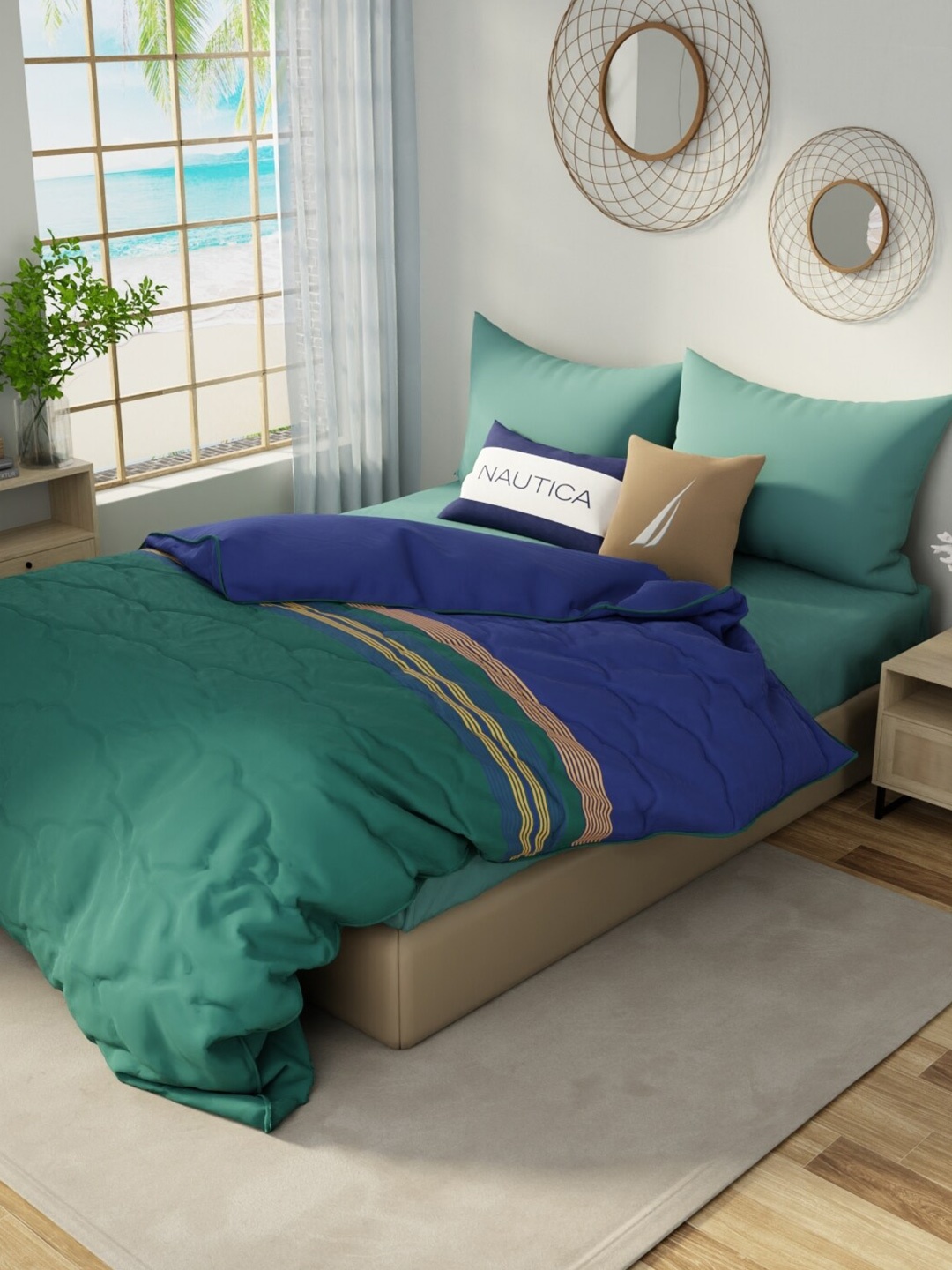

Nautica Hampton Green & Blue Striped Cotton AC Room 150 GSM Double Bed Comforter