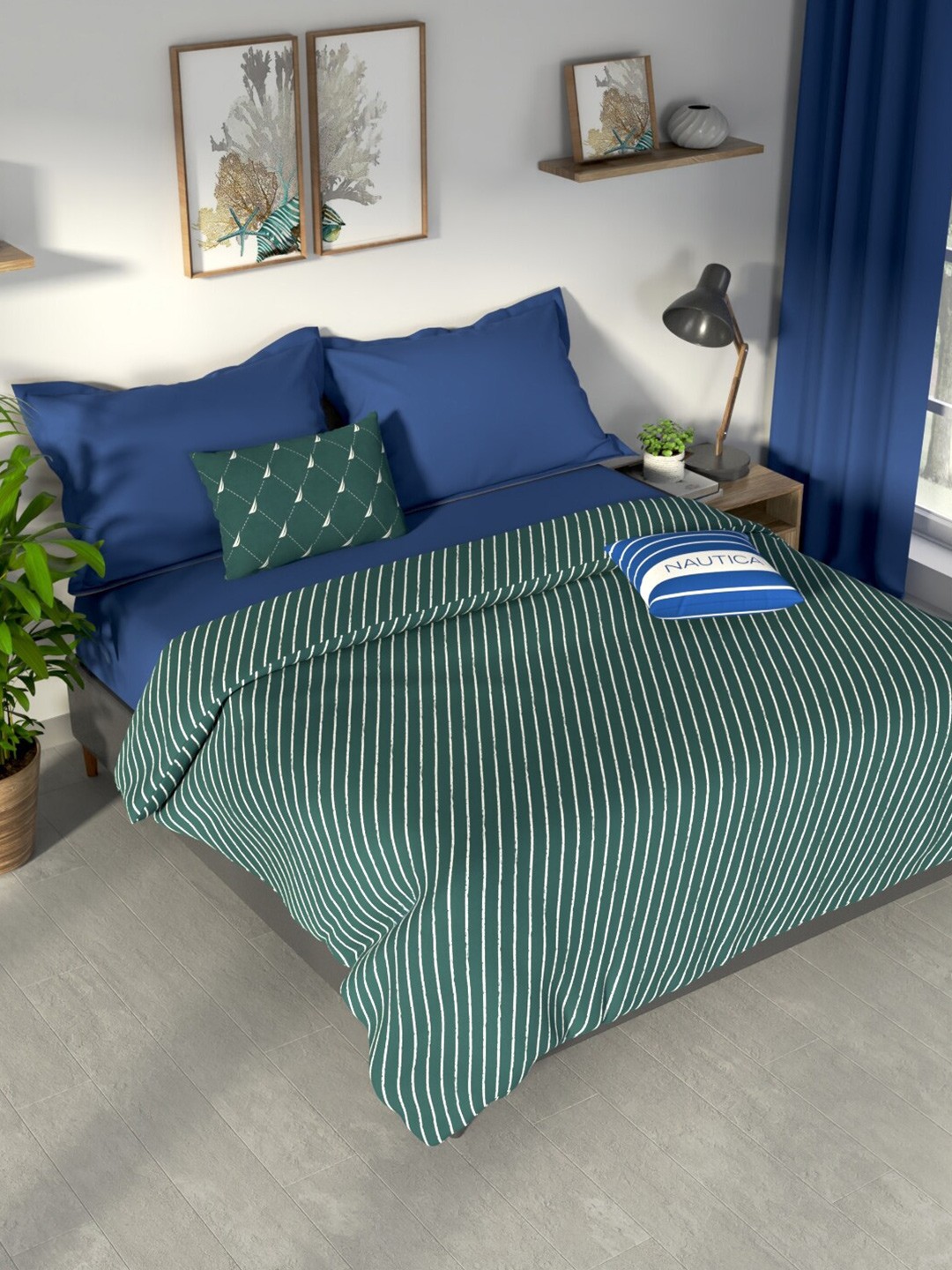 

Nautica PACIFIC COAST Green & White Striped Cotton AC Room 300 GSM Double Bed Dohar