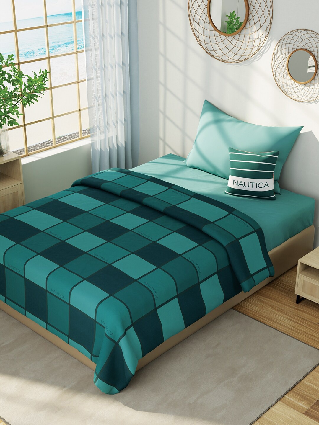 

Nautica Hampton Green Checked Cotton AC Room 150 GSM Single Bed Bed Dohar