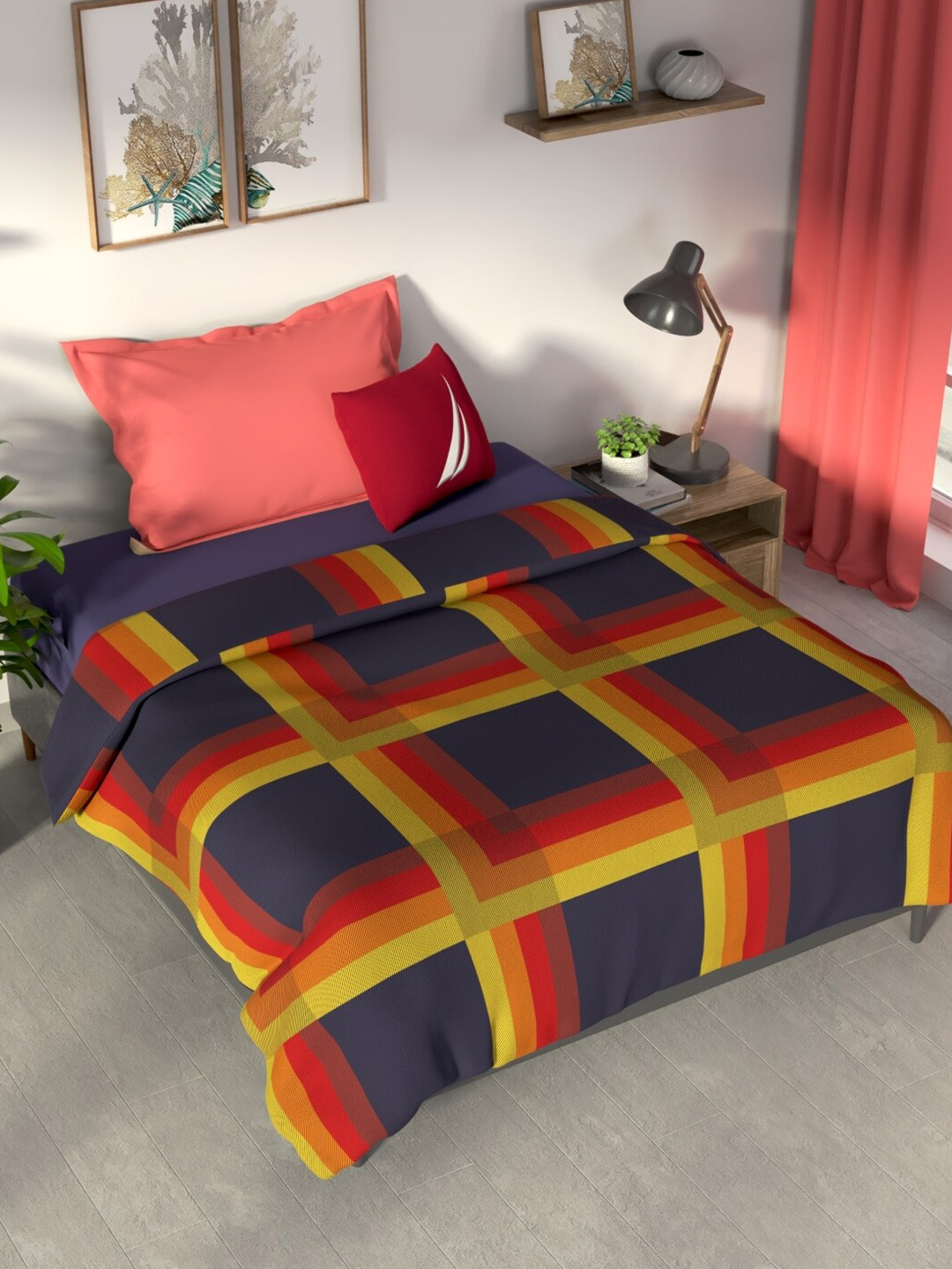 

Nautica Purple & Orange Checked Cotton AC Room 300 GSM Single Bed Dohar