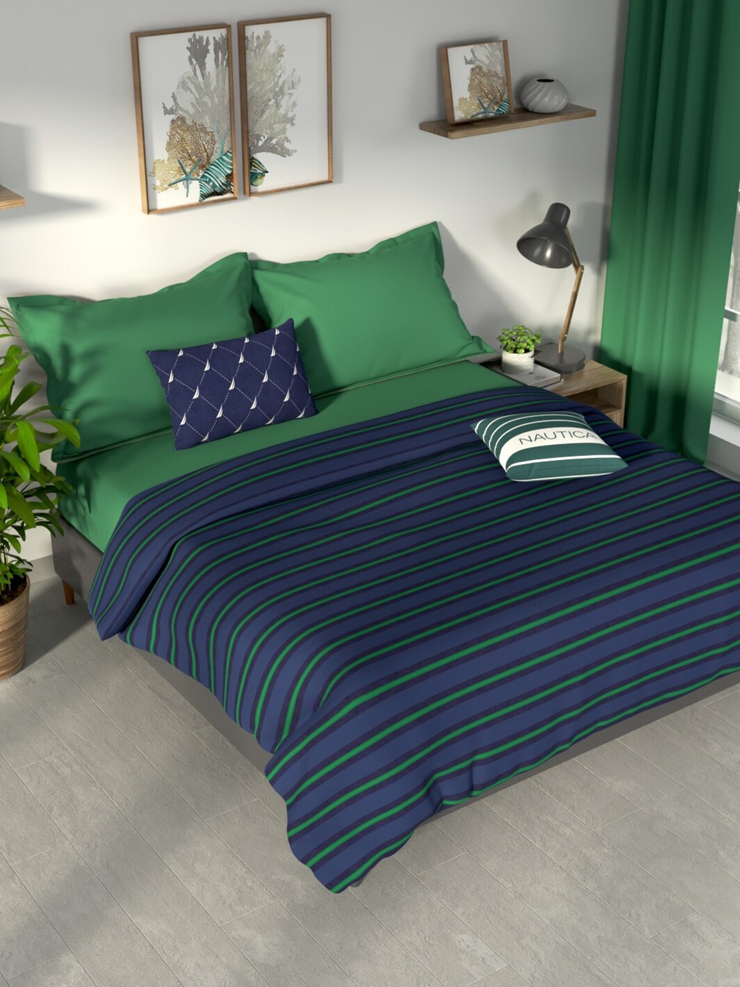 

Nautica PACIFIC COAST Navy Blue & Green Checked Cotton AC Room 300 GSM Double Bed Dohar