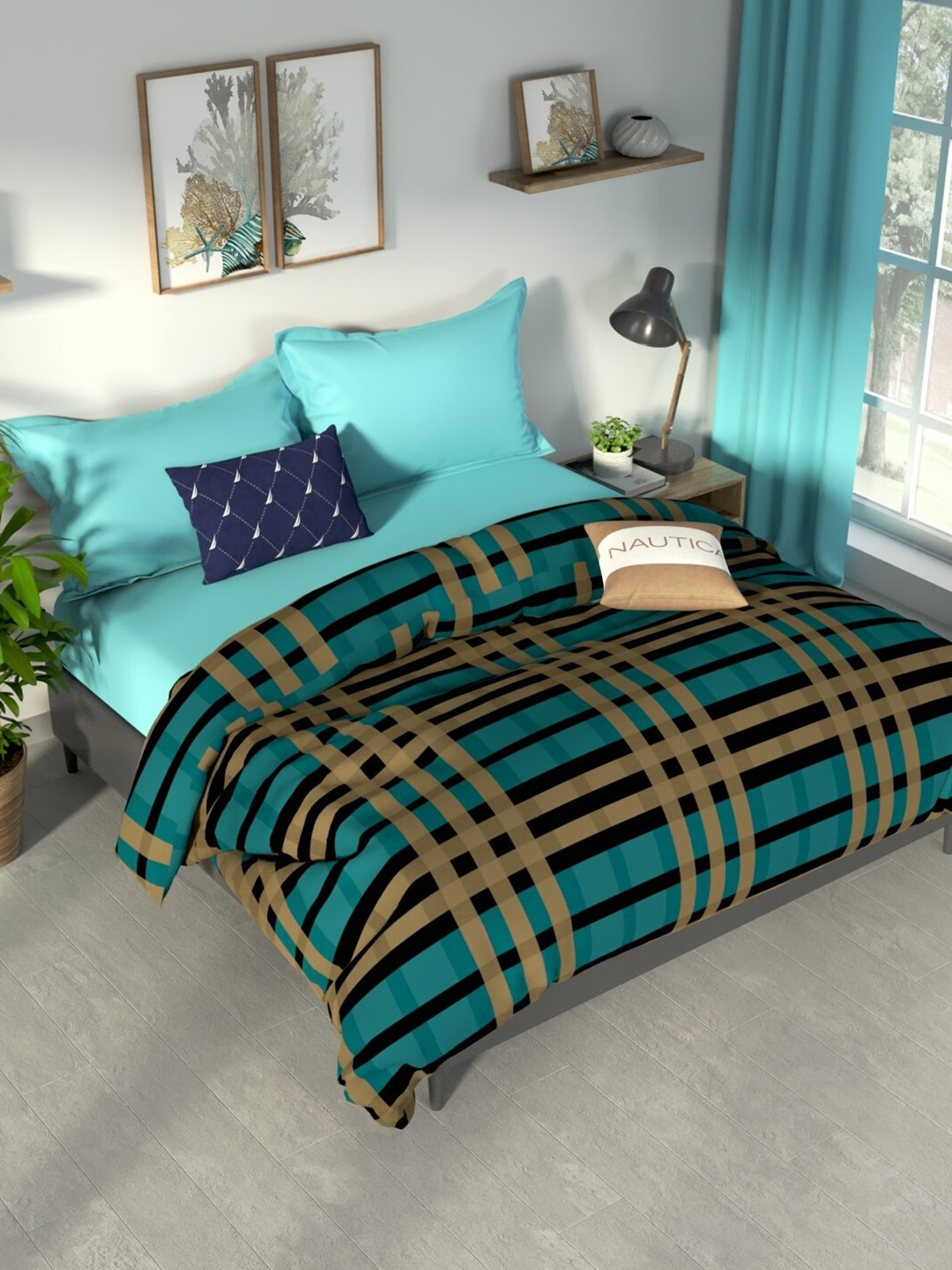 

Nautica PACIFIC COAST Blue & Brown Checked Cotton AC Room 120 GSM Double Bed Comforter