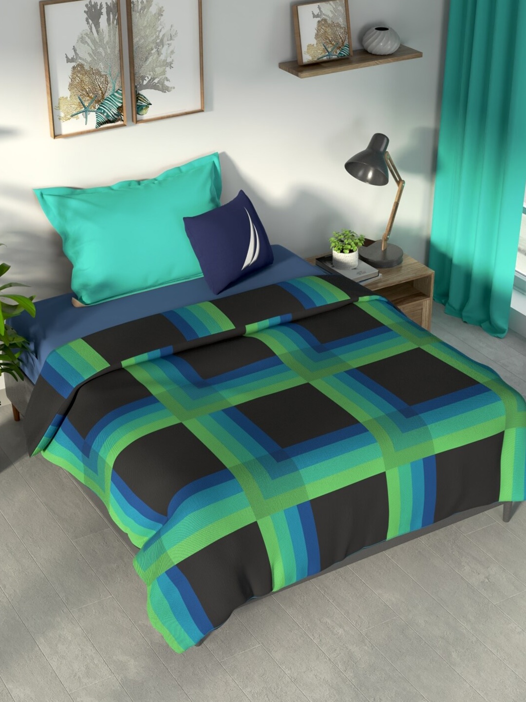 

Nautica Black & Green Checked Cotton AC Room 300 GSM Single Bed Dohar, Blue