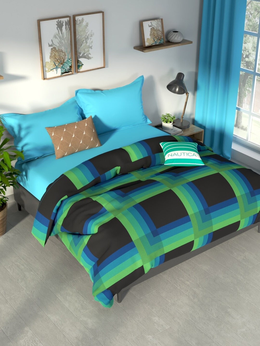 

Nautica Pacific coast Black & Green Striped Cotton AC Room 120 GSM Double Bed Comforter