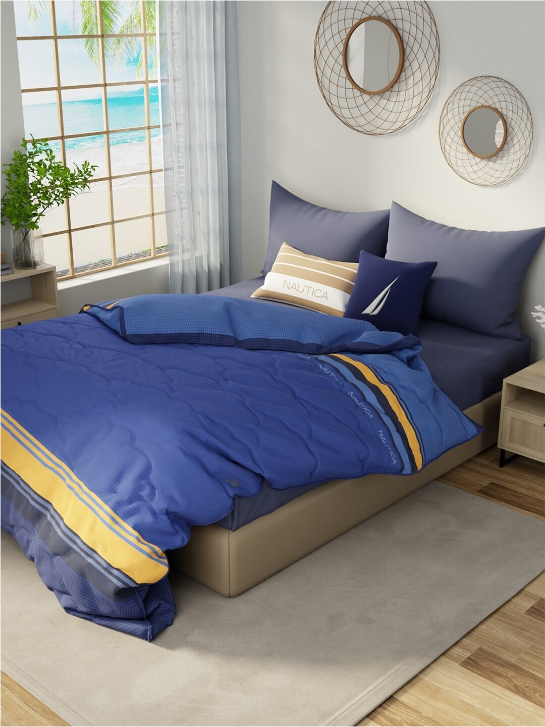 

Nautica Blue & Yellow Striped Cotton AC Room 150 GSM Double Bed Comforter