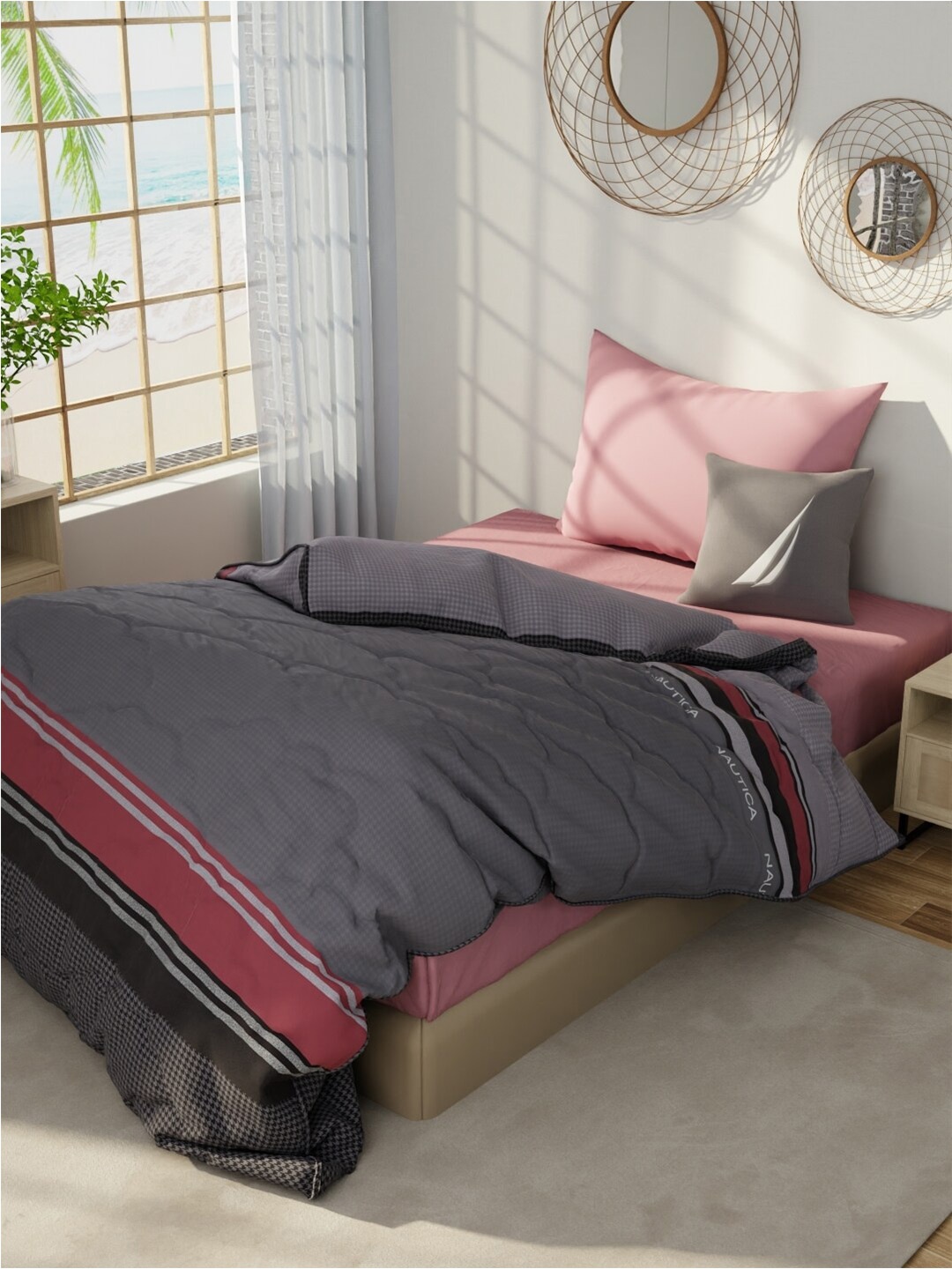 

Nautica Grey & Maroon Striped Cotton AC Room 150 GSM Single Bed Comforter