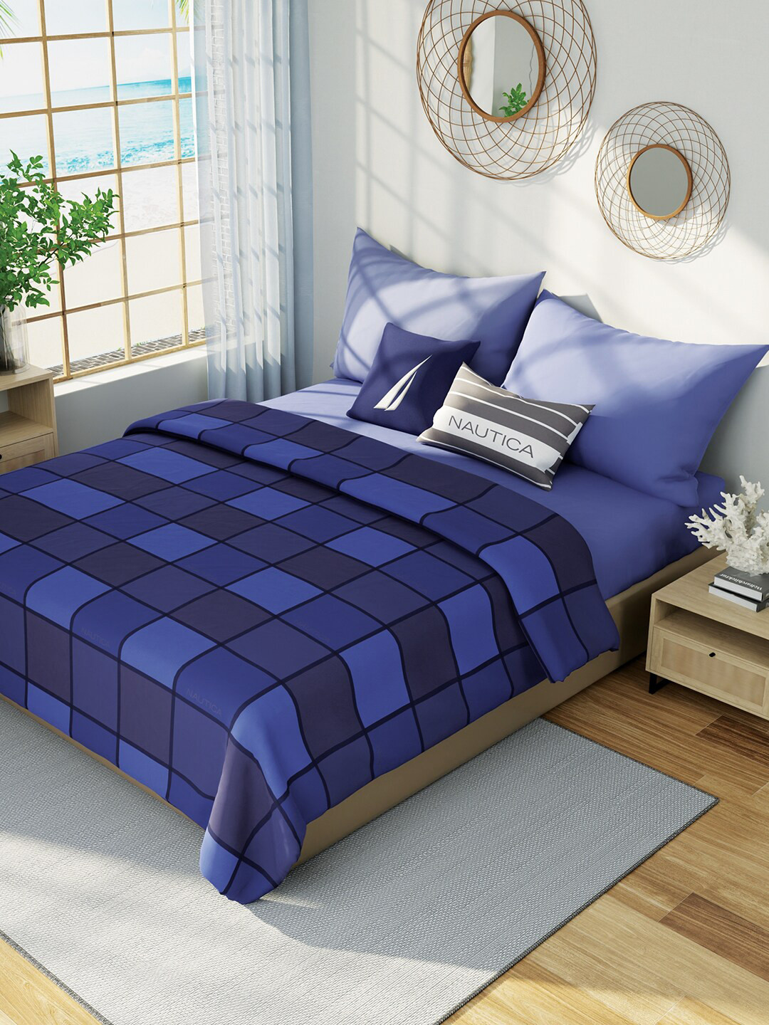 

Nautica Blue & Navy Blue Checked Cotton AC Room 150 GSM Double Bed Dohar