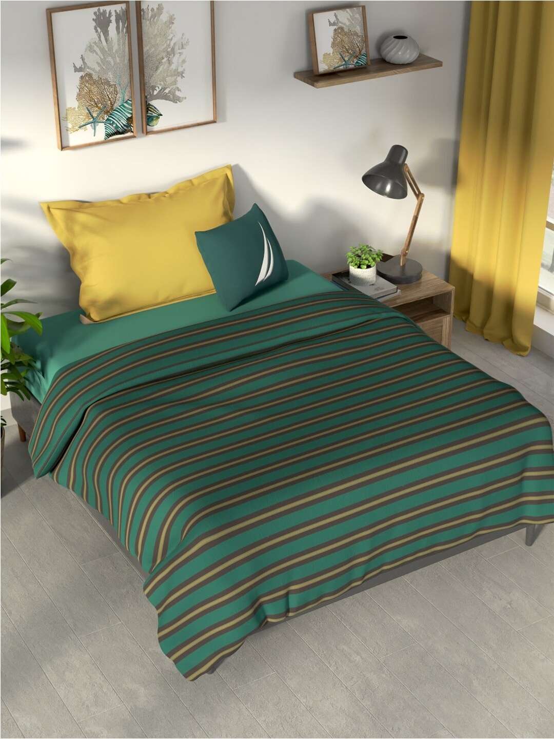 

Nautica Green & Mustard Striped Cotton AC Room 300 GSM Single Bed Dohar