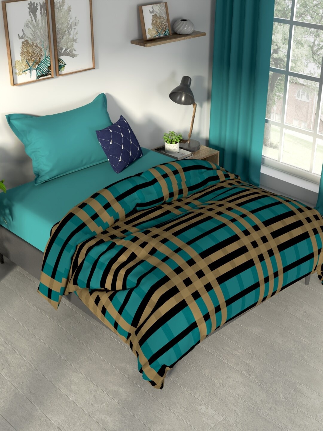 

Nautica Teal & Mustard Checked Cotton AC Room 120 GSM Double Bed Comforter