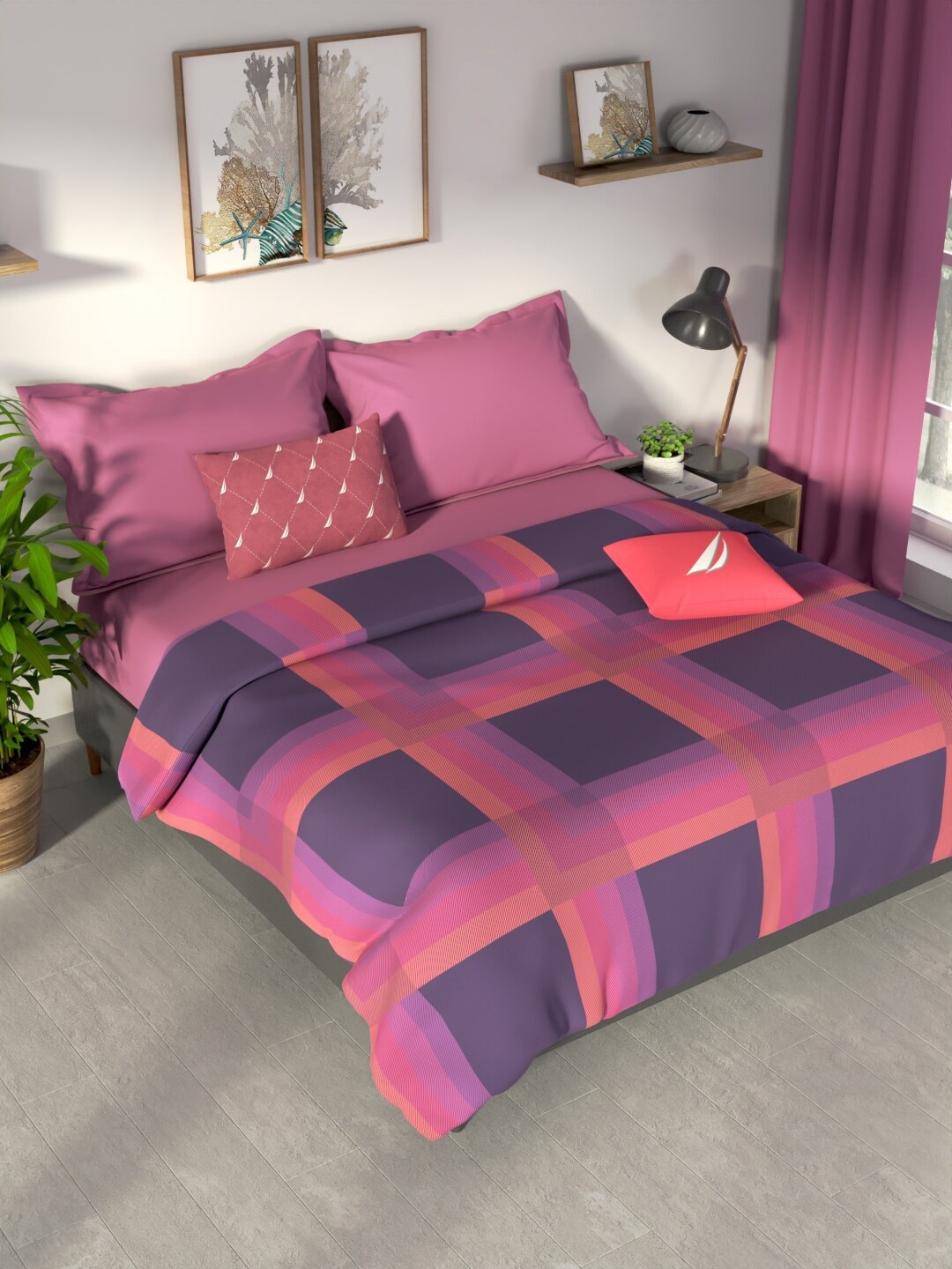 

Nautica Pacific coast Violet & Coral Checked Cotton AC Room 300 GSM Double Bed Dohar