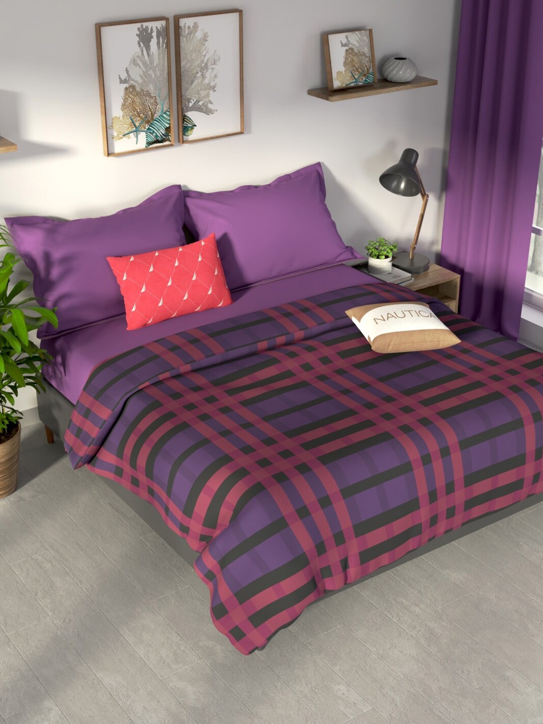 

Nautica pacific coast Red & Purple Checked Cotton AC Room 300 GSM Double Bed Dohar