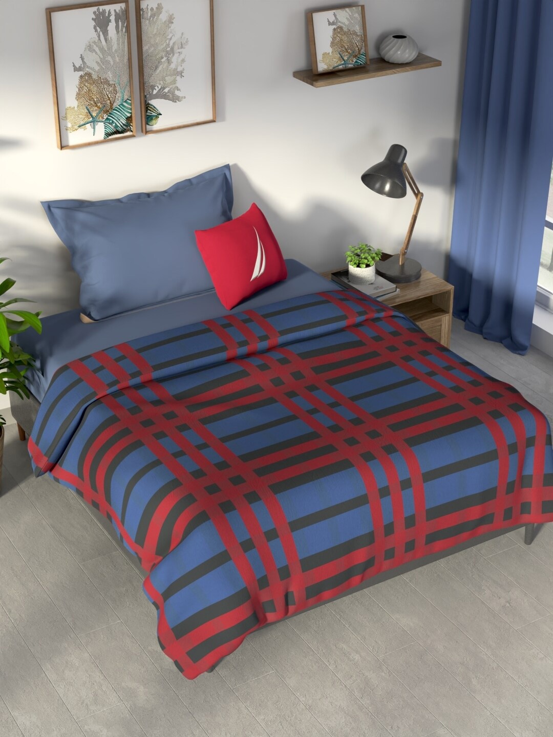 

Nautica PACIFIC COAST Red & Blue Checked Cotton AC Room 300 GSM Single Bed Dohar