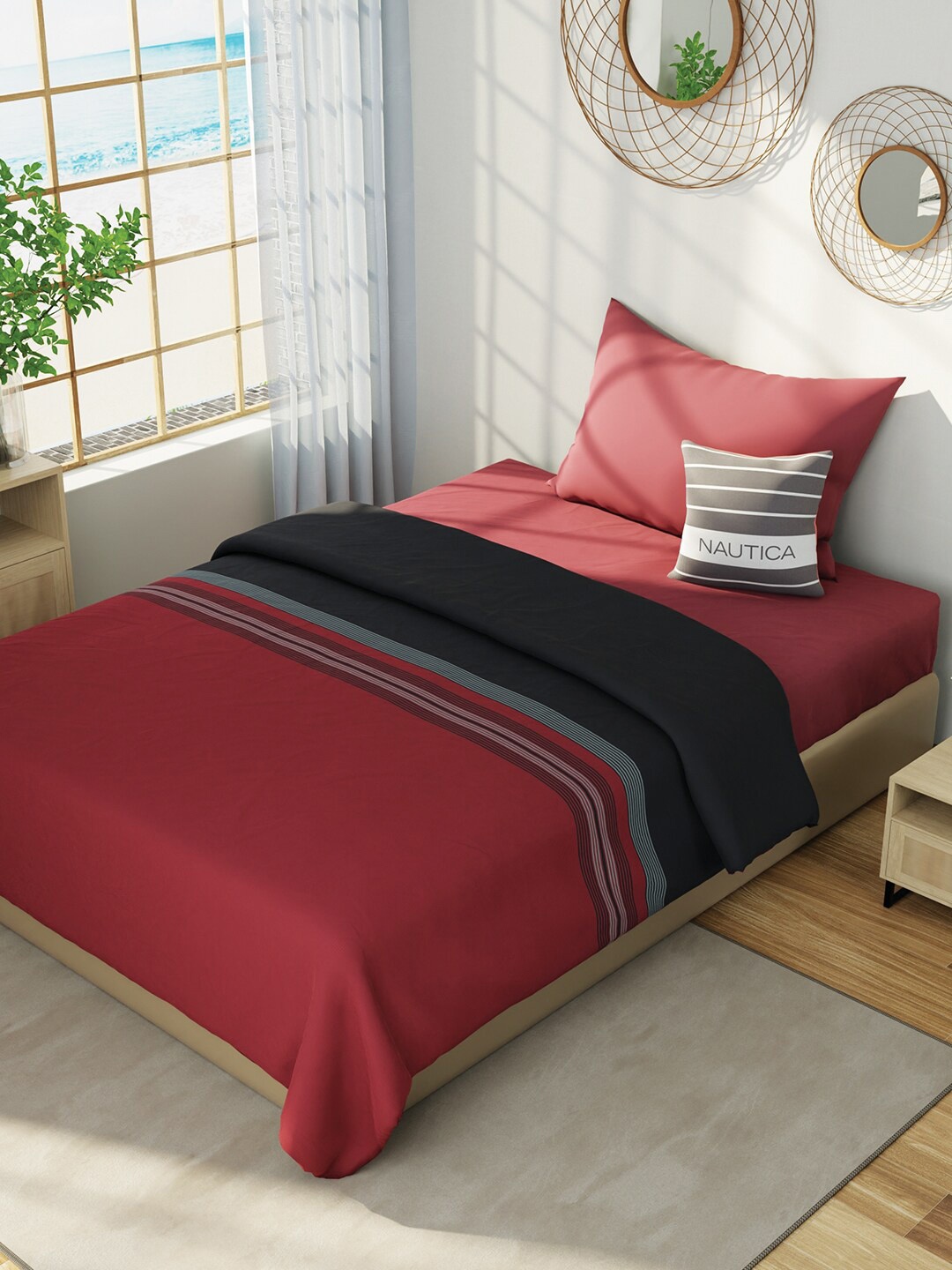 

Nautica Hampton Red & Black Striped Cotton AC Room 150 GSM Single Bed Dohar