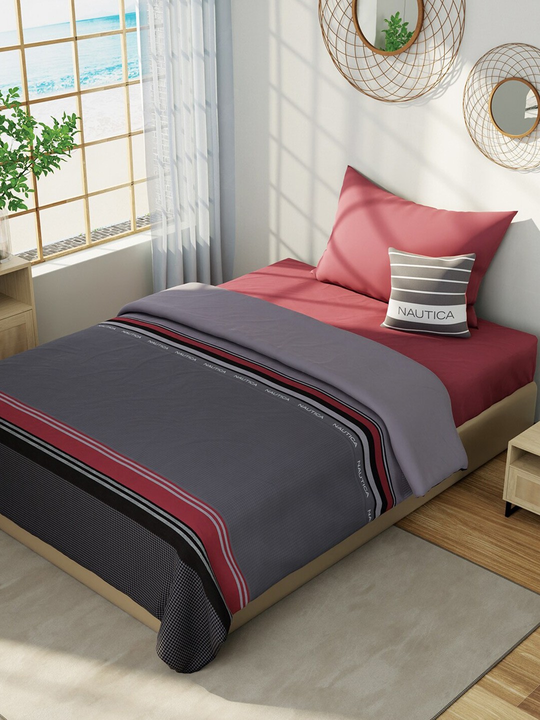 

Nautica Hampton Grey & Red Striped Cotton AC Room 150 GSM Single Bed Dohar