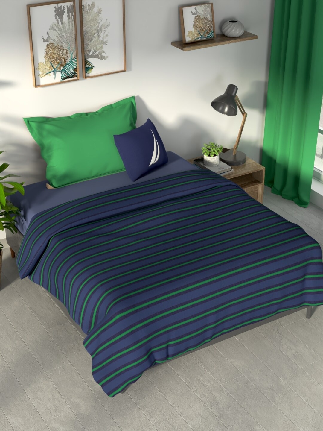 

Nautica PACIFIC COAST Navy Blue & Green Striped Cotton AC Room 300 GSM Single Bed Dohar