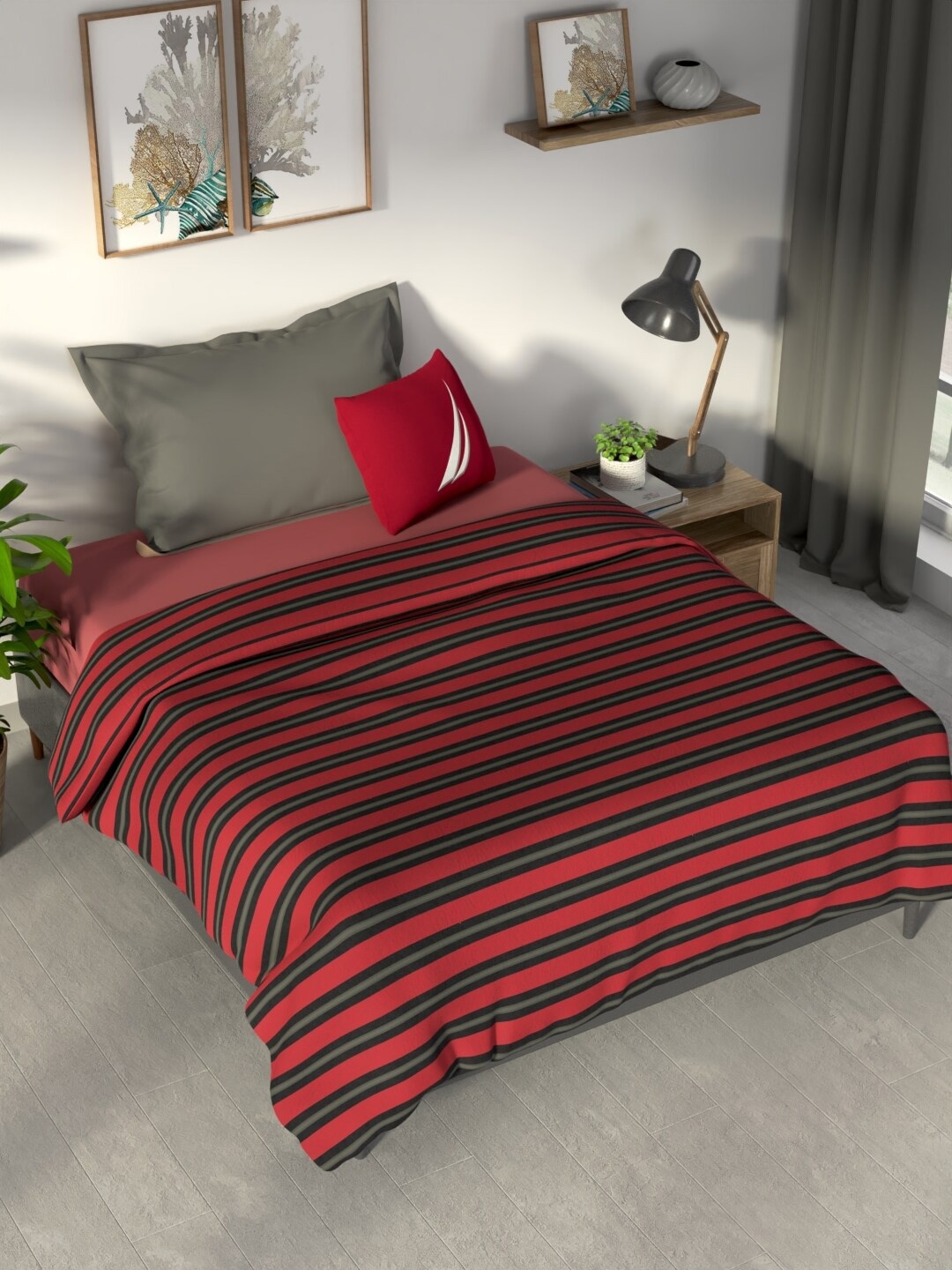 

Nautica Pacific Coast Red & Black Striped Cotton AC Room 300 GSM Single Bed Dohar