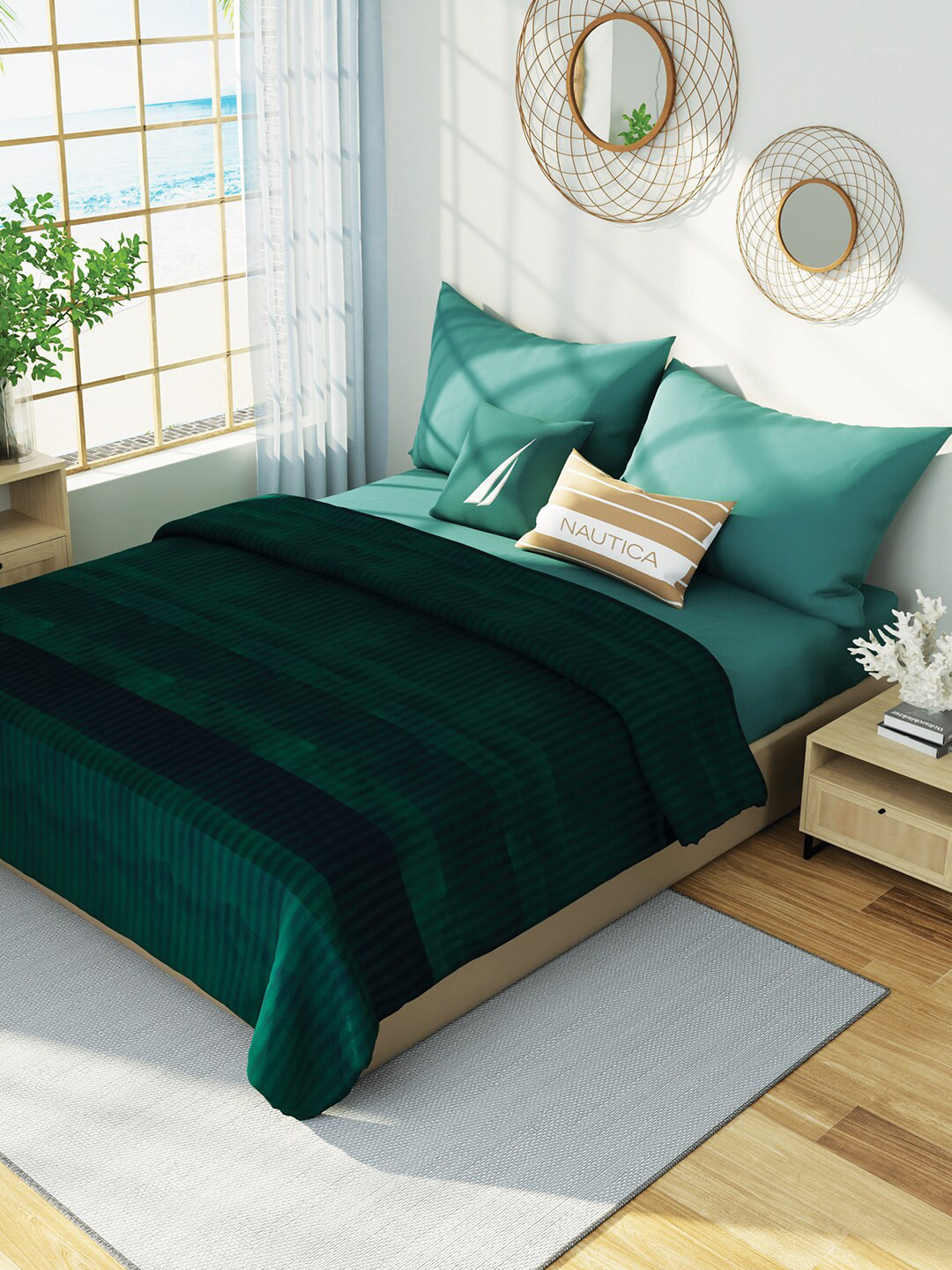 

Nautica HAMPTON Navy Blue & Green Striped Cotton AC Room 150 GSM Double Bed Dohar