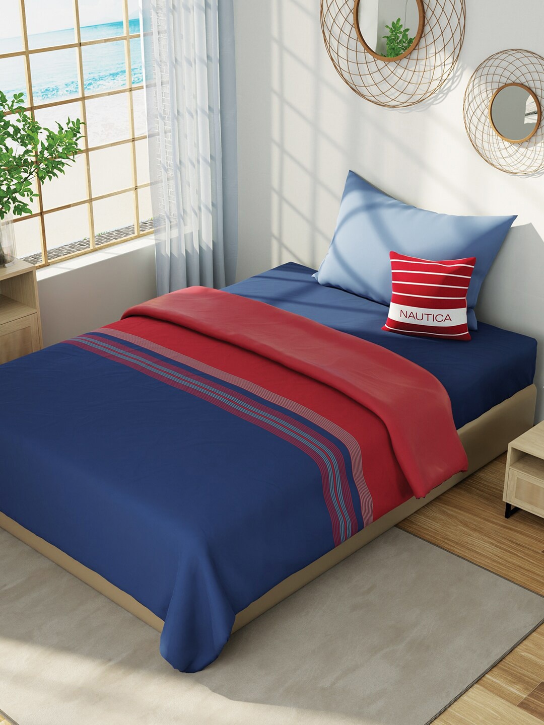 

Nautica Red & Navy Blue Striped Cotton AC Room 150 GSM Single Bed Dohar