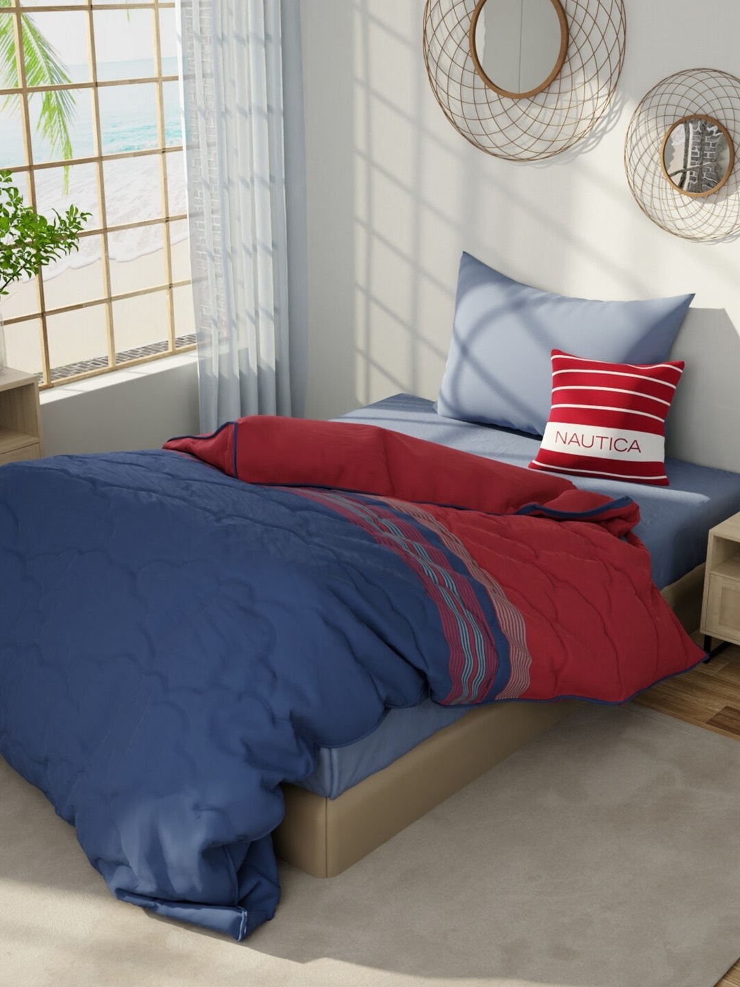 

Nautica Red & Navy Blue Striped Cotton AC Room 150 GSM Single Bed Comforter
