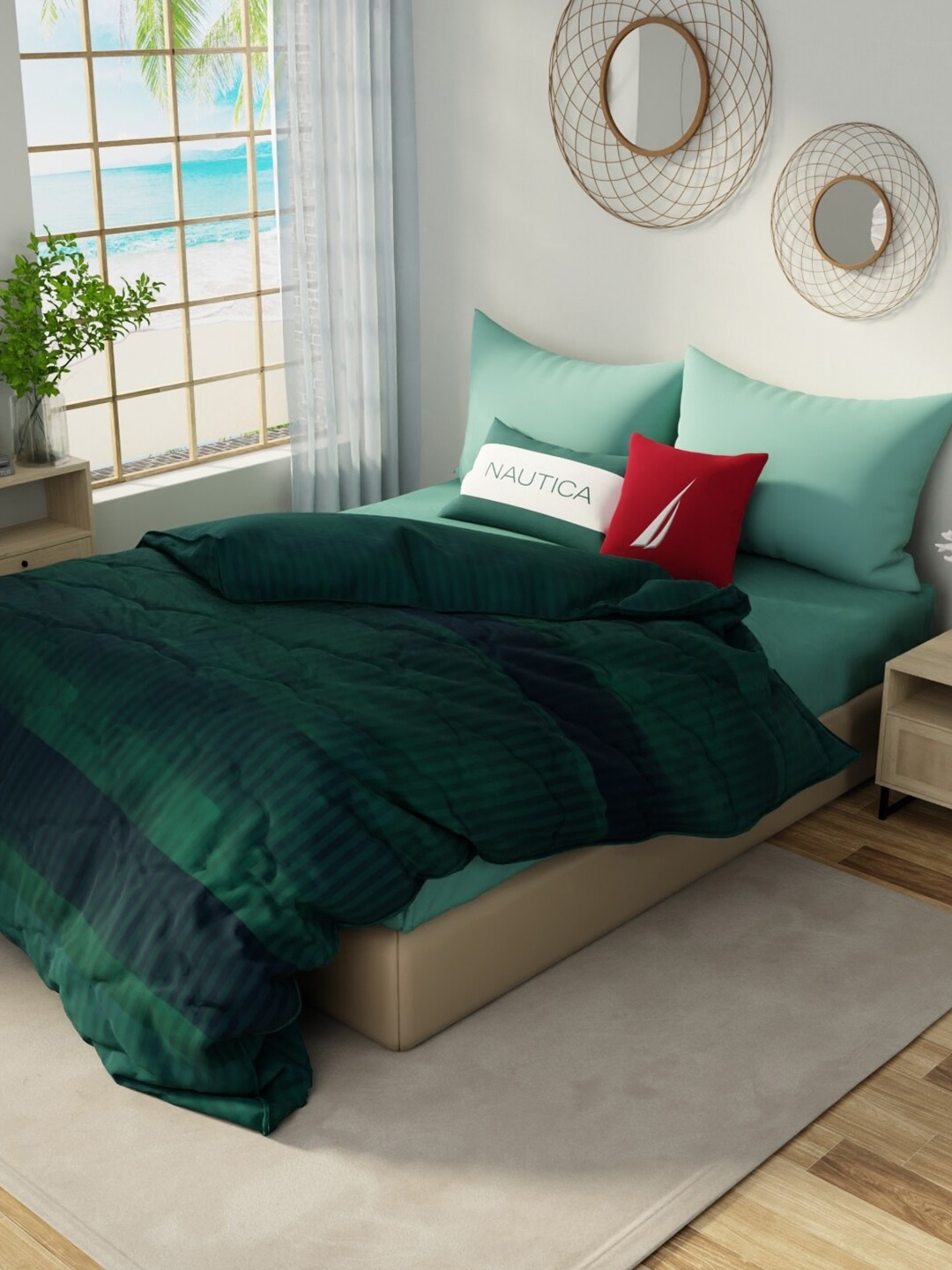 

Nautica Green & Navy Blue Striped Cotton AC Room 150 GSM Double Bed Comforter
