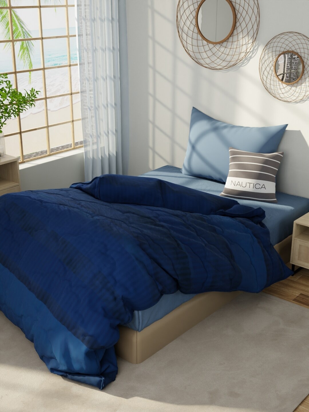 

Nautica Blue Striped Cotton AC Room 150 GSM Single Bed Comforter