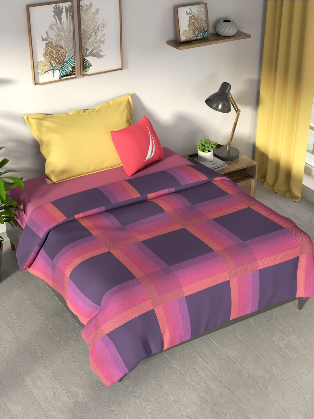 

Nautica pacific coast Violet & Coral Checked Cotton AC Room 300 GSM Single Bed Dohar