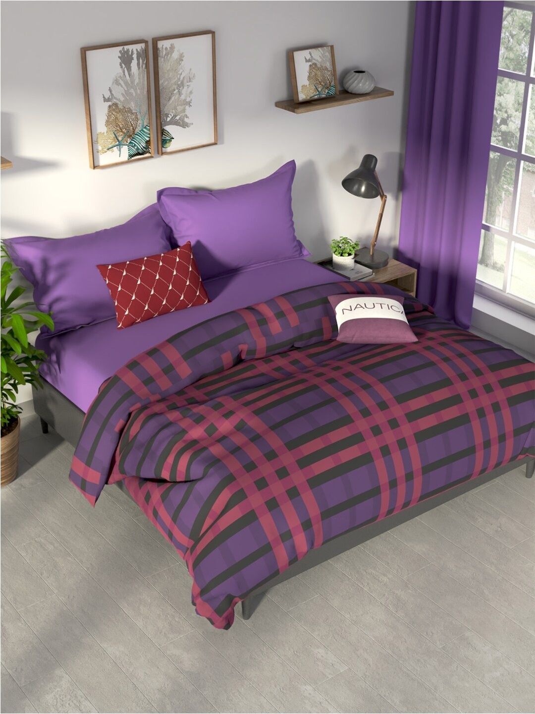 

Nautica PACIFIC COAST Purple & Red Checked Cotton AC Room 120 GSM Double Bed Comforter