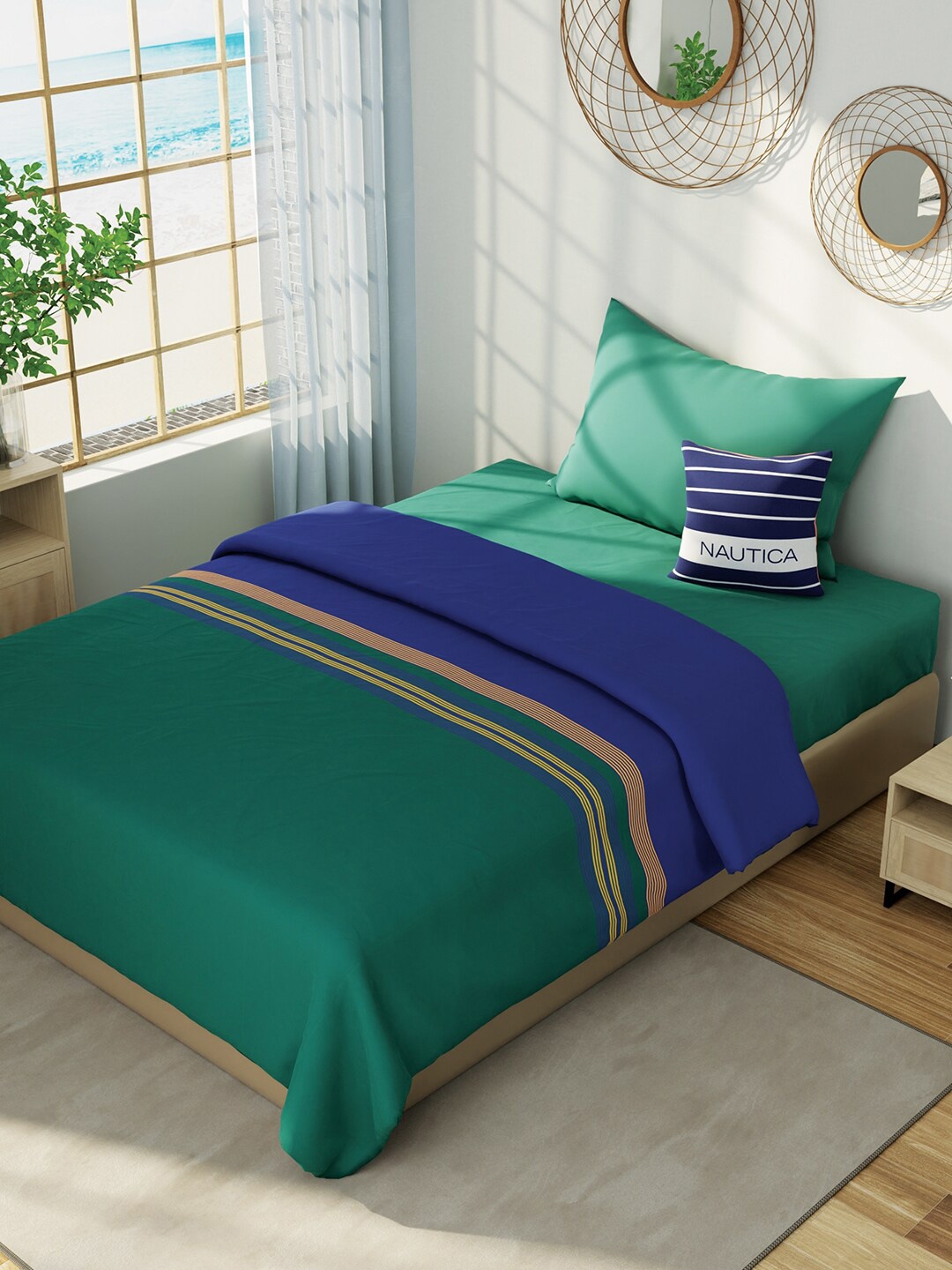 

Nautica Hampton Green & Blue Striped Cotton AC Room 150 GSM Single Bed Dohar