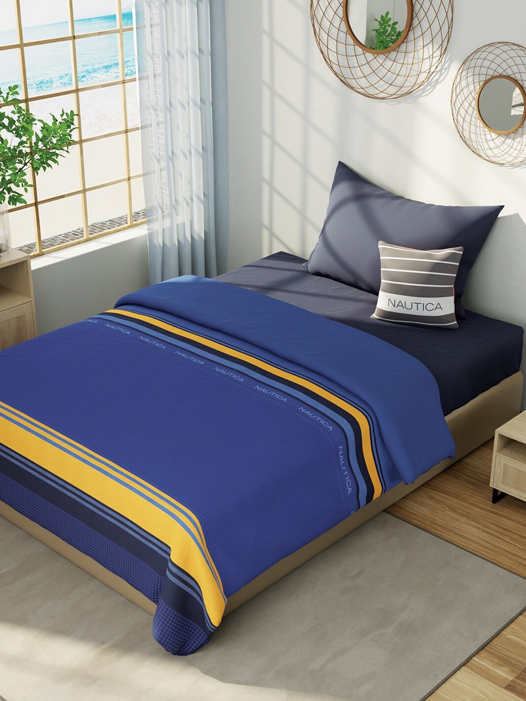 

Nautica Hampton Blue & Yellow Striped Cotton AC Room 150 GSM Single Bed Dohar