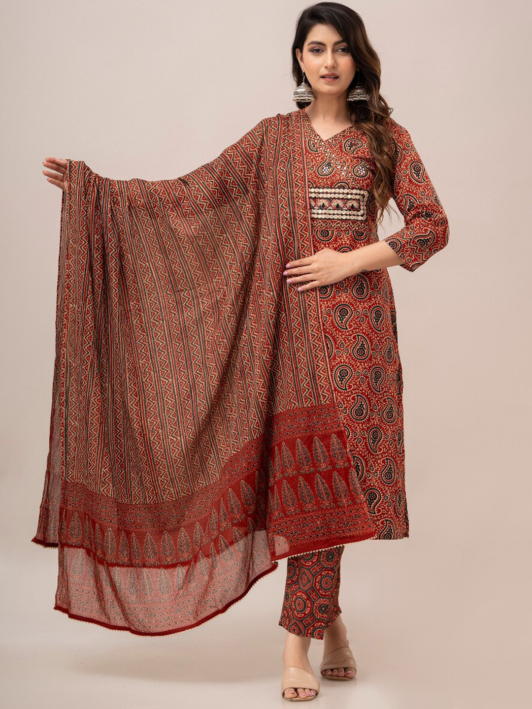

FrionKandy Paisley Printed Mirror Work Pure Cotton Regular Kurta with Trousers & Dupatta, Maroon