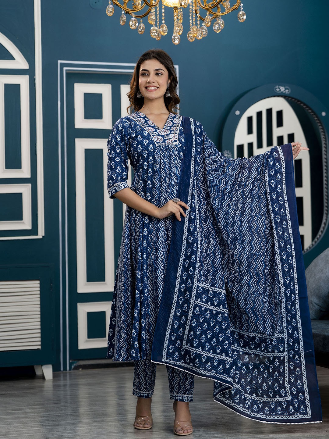 

FrionKandy Ethnic Motifs Printed Mirror Work Pure Cotton Kurta with Trousers & Dupatta, Blue