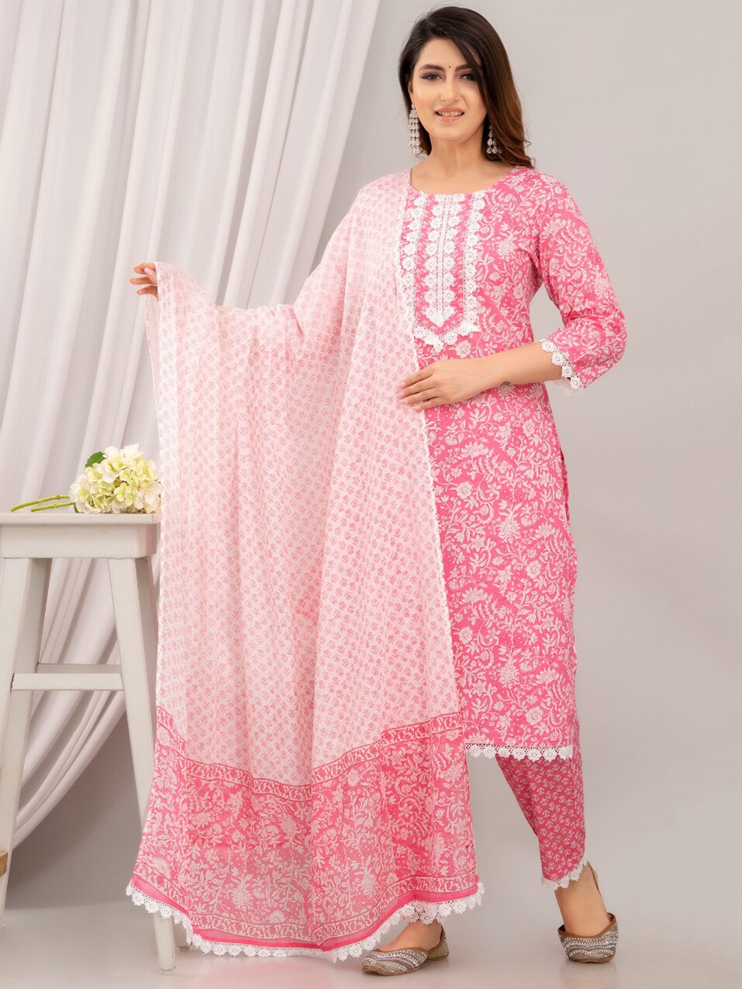 

FrionKandy Floral Printed Pure Cotton Kurta With Trousers & Dupatta, Pink