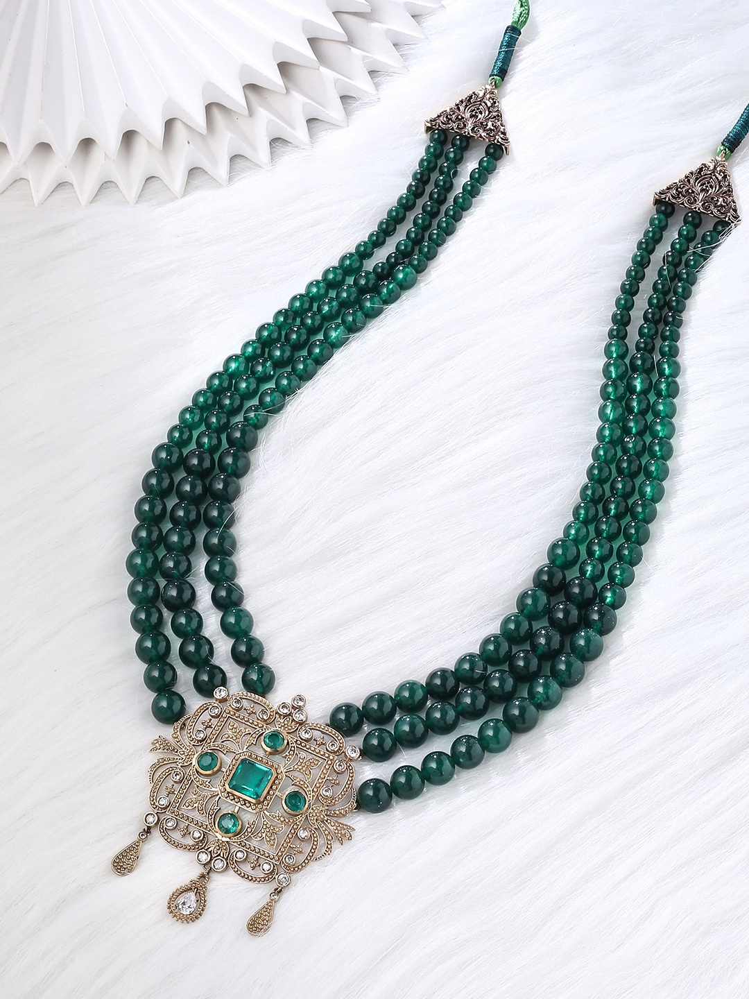 

COSA NOSTRAA Men Stone-Studded & Beaded Layered Antique Necklace, Green