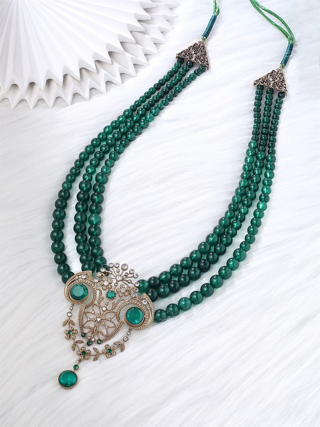 

COSA NOSTRAA Stone-Studded & Beaded Layered Antique Necklace, Green