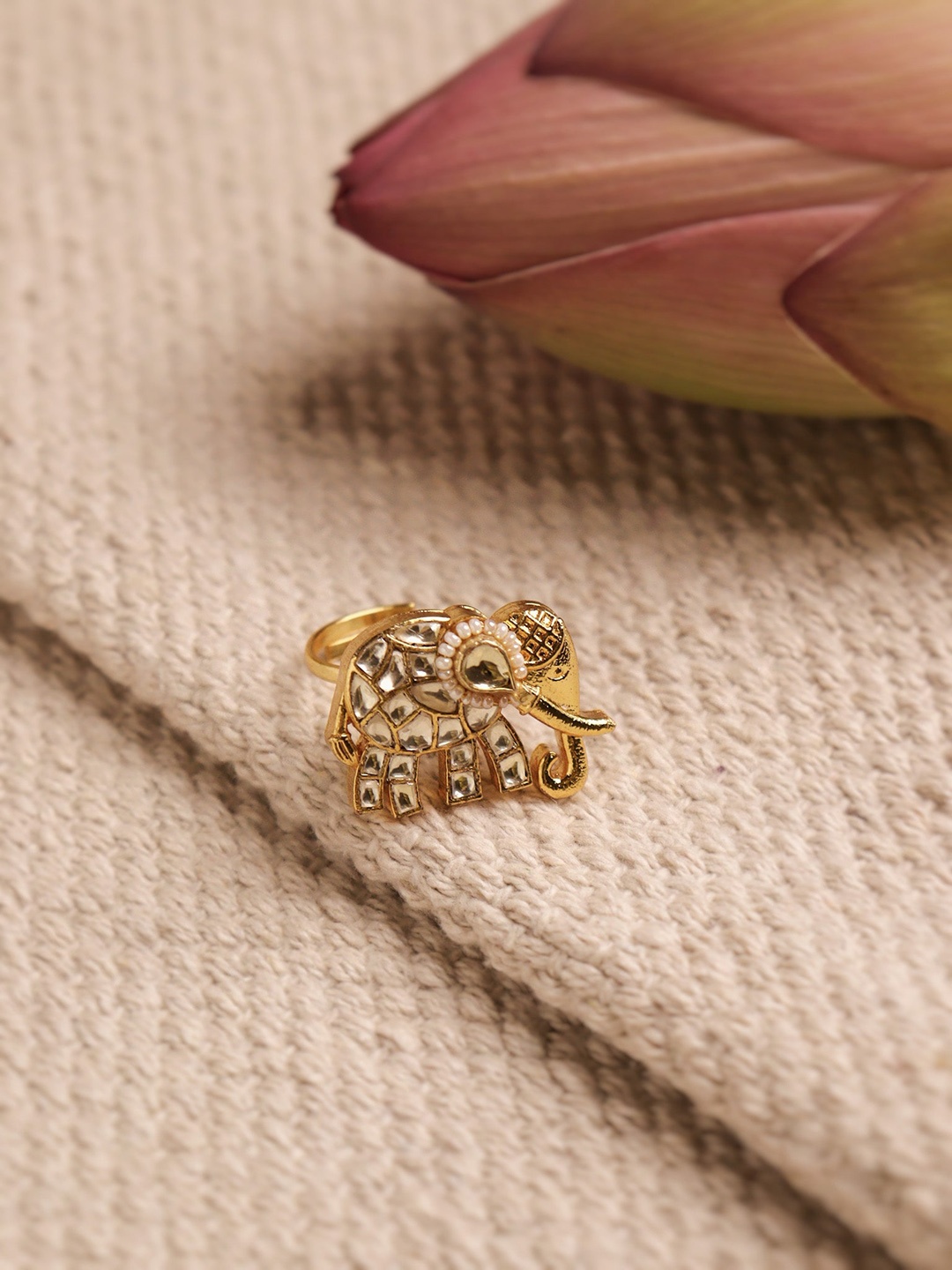 

CURIO COTTAGE Gold-Plated Kundan Studded Finger Ring